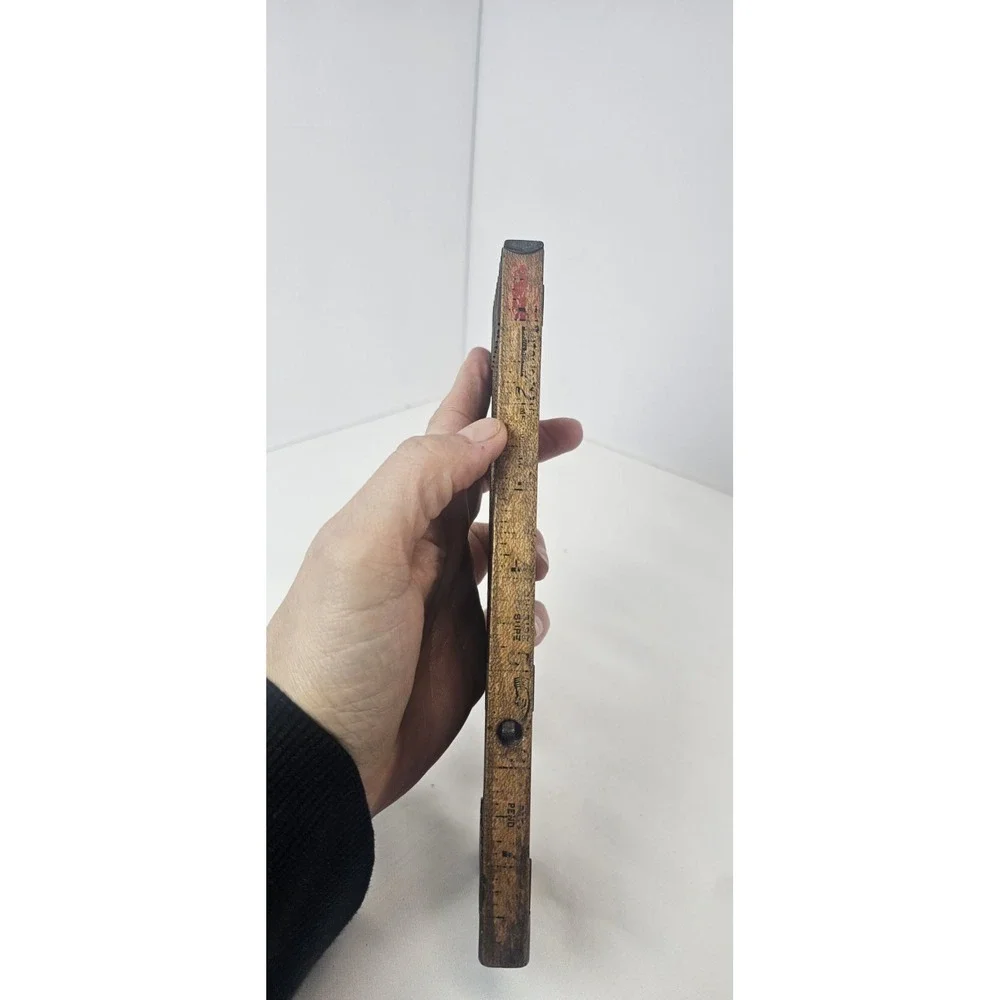 Vintage Wooden Sliding Ruler Carpenter Tool 6 Ft‎ Brass Sliders Antique USA